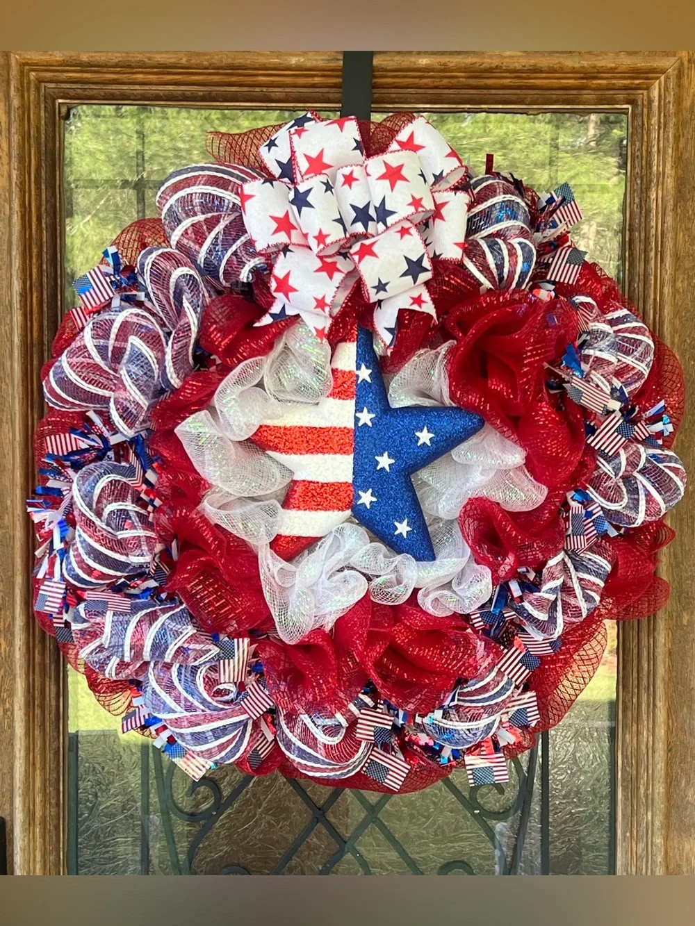 Handmade Patriotic Red, White & Blue with Star Deco Mesh Holiday Wreath